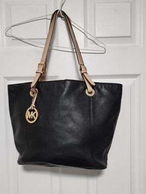 Michael Kors Black Leather Tote with Nude Straps and Gold Hardware